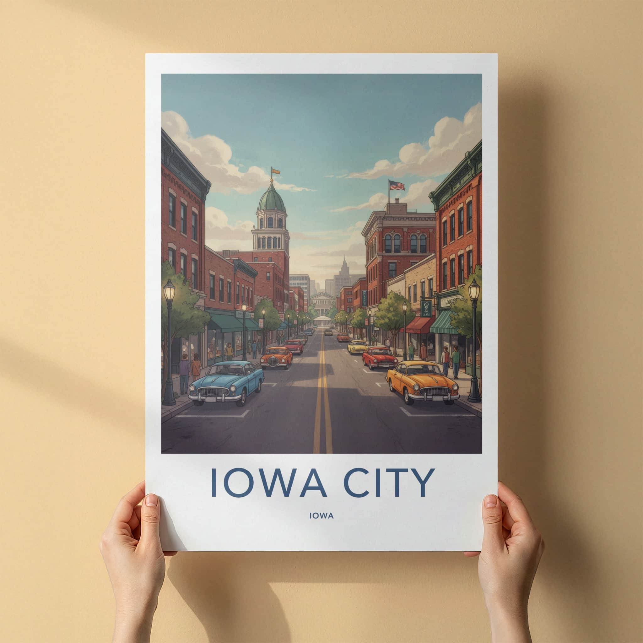 Iowa City Poster - Iowa Travel Art - Classic Cars Downtown Home Decor