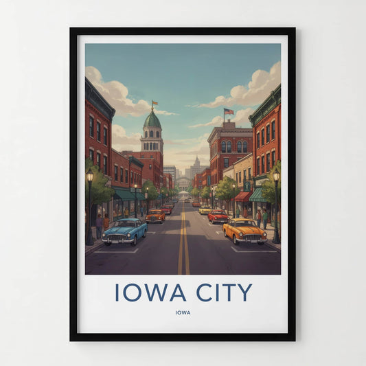 Iowa City Poster - Iowa Travel Art - Classic Cars Downtown Home Decor