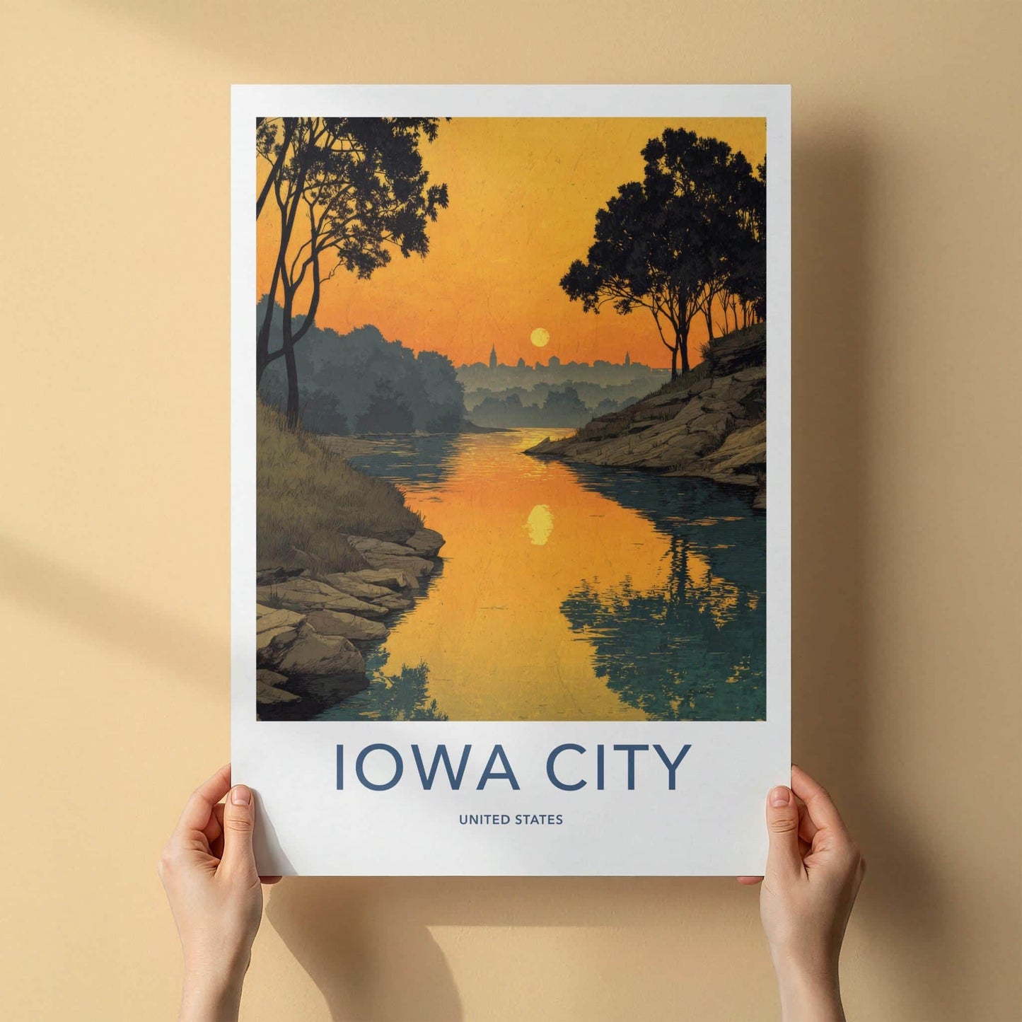 Iowa City Poster - Iowa Travel Art - Golden River Silhouette Home Decor