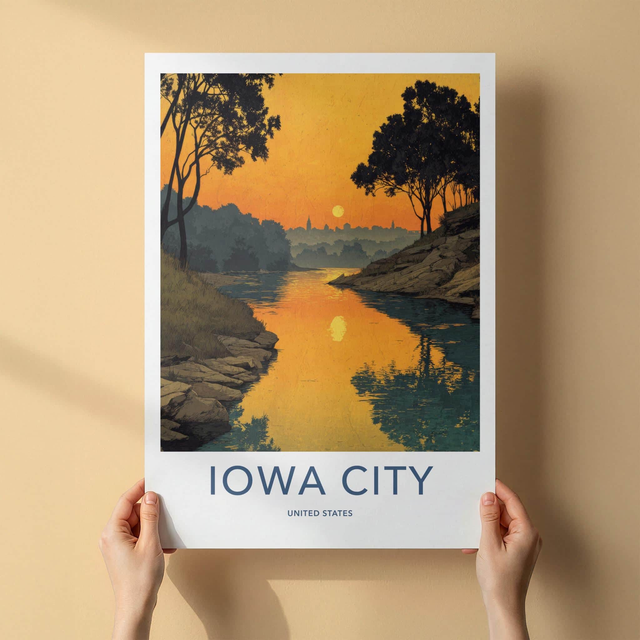 Iowa City Poster - Iowa Travel Art - Golden River Silhouette Home Decor