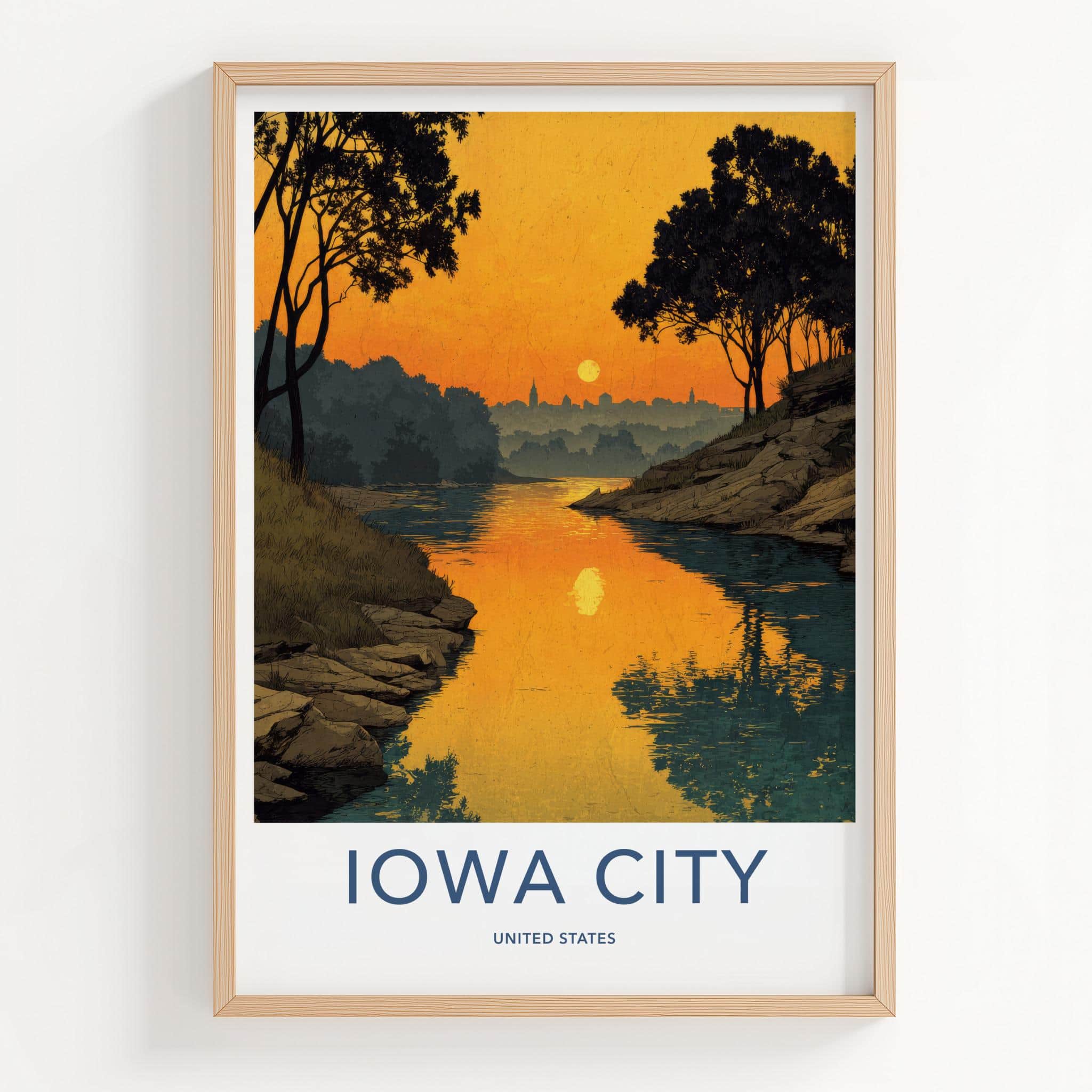 Iowa City Poster - Iowa Travel Art - Golden River Silhouette Home Decor
