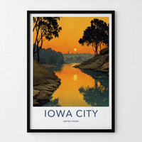 Iowa City Poster - Iowa Travel Art - Golden River Silhouette Home Decor