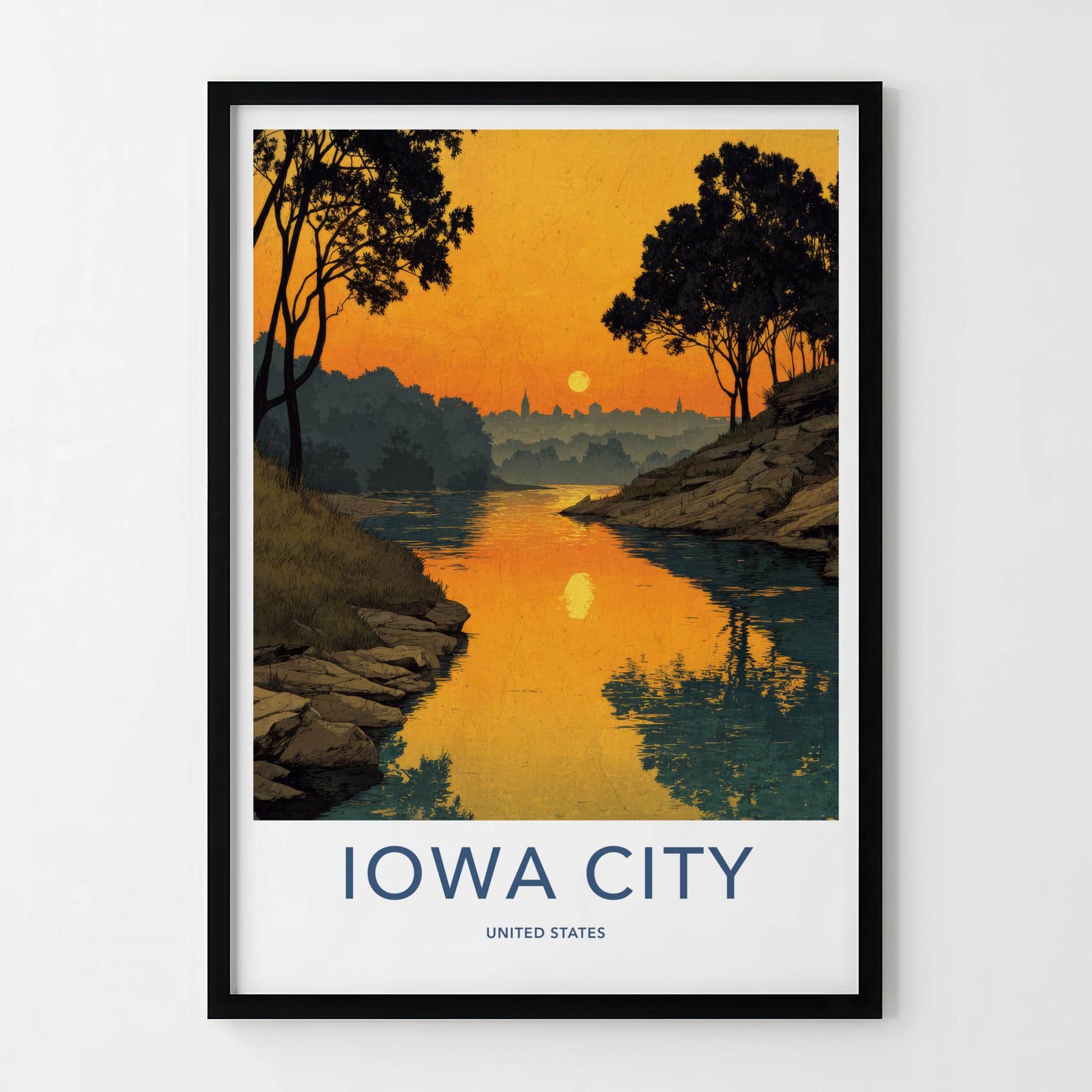 Iowa City Poster - Iowa Travel Art - Golden River Silhouette Home Decor
