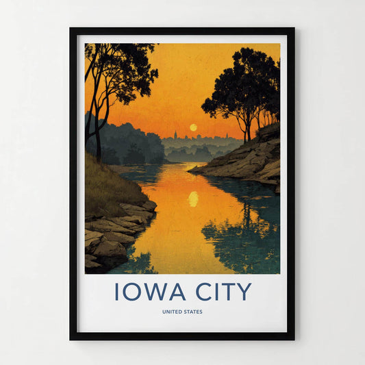 Iowa City Poster - Iowa Travel Art - Golden River Silhouette Home Decor