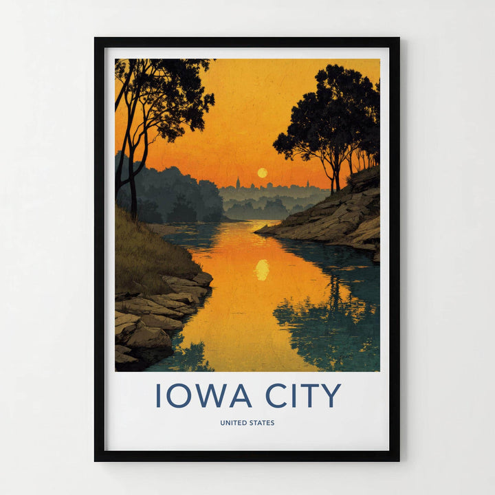 Iowa City Poster - Iowa Travel Art - Golden River Silhouette Home Decor