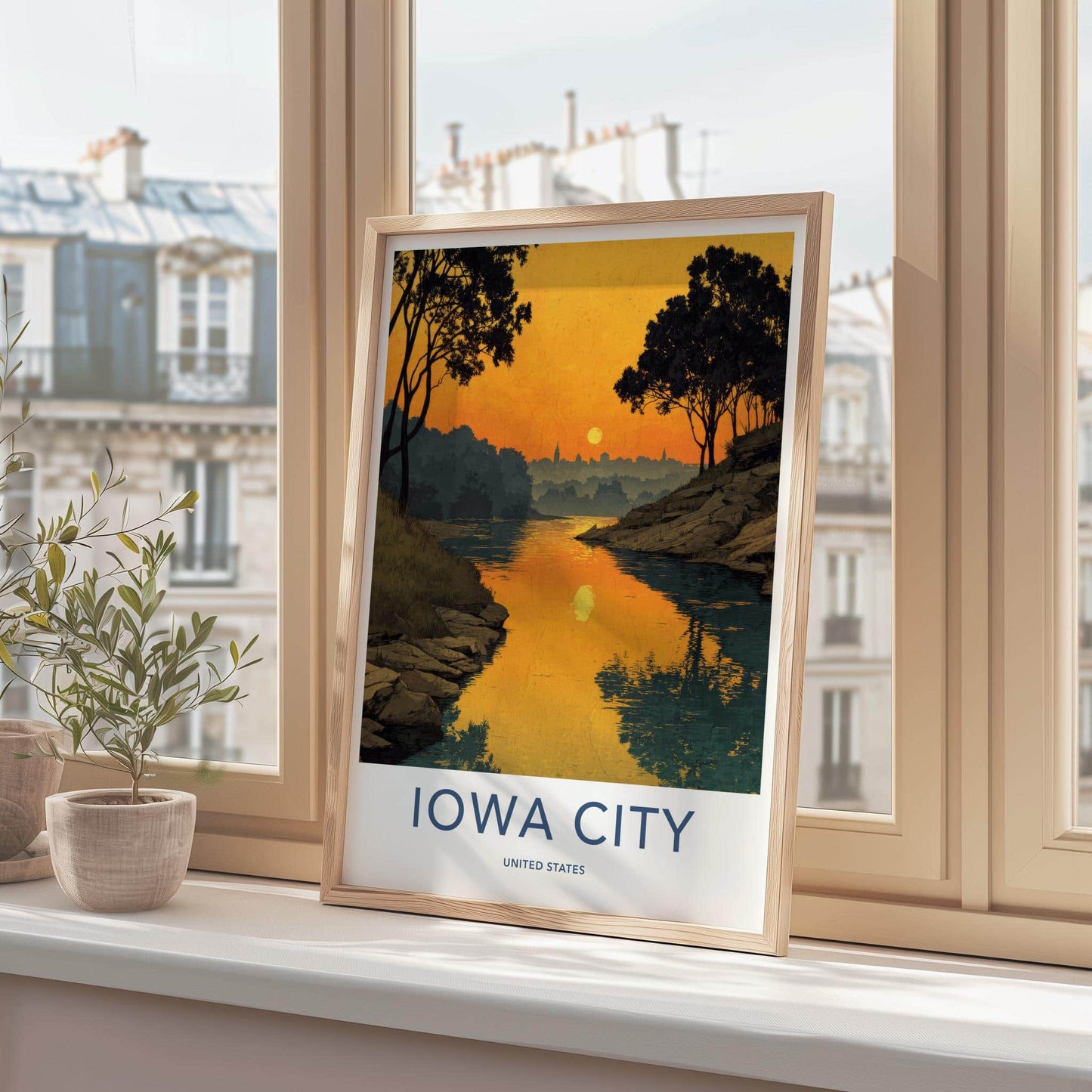 Iowa City Poster - Iowa Travel Art - Golden River Silhouette Home Decor