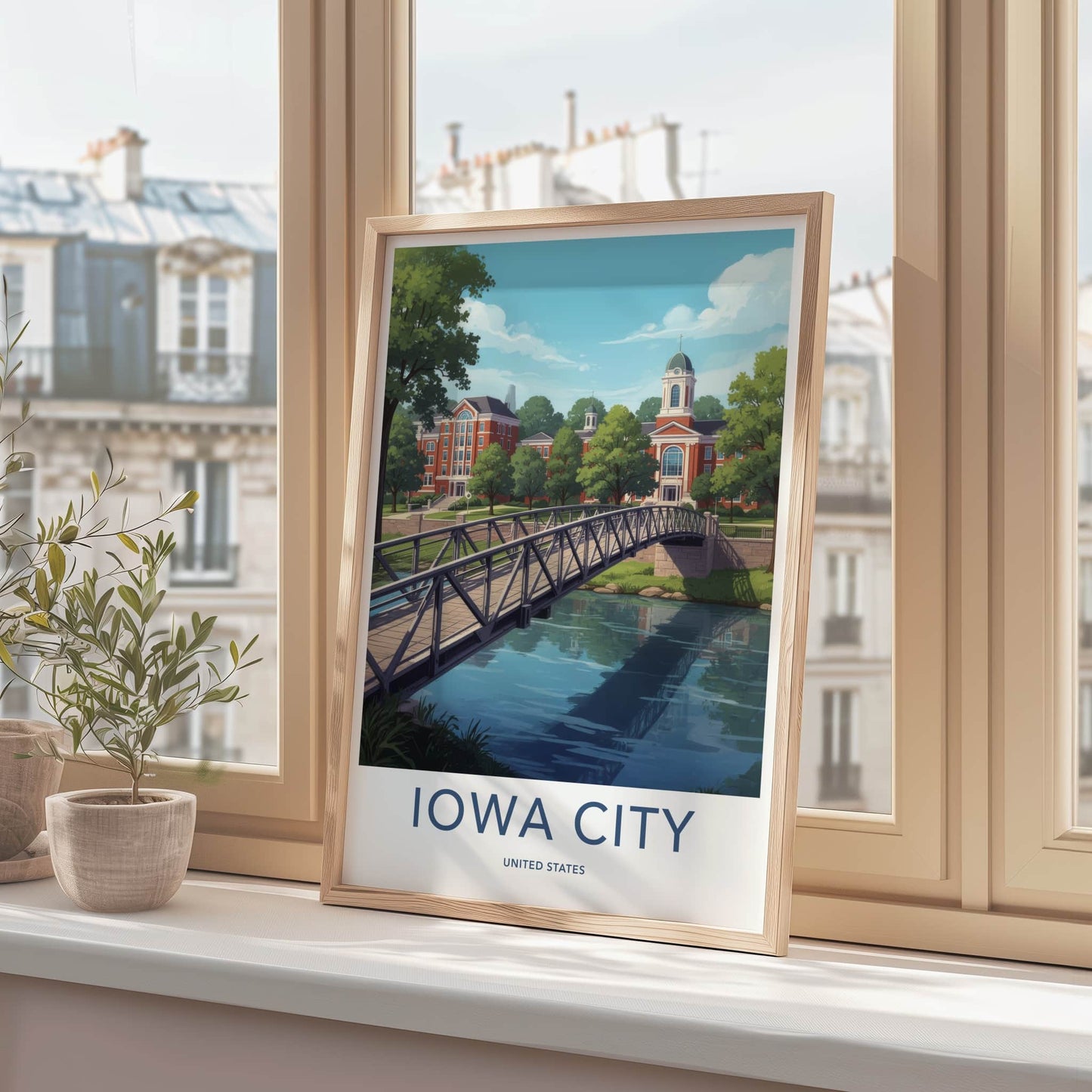 Iowa City Poster - Iowa Travel Print - Campus River View Framed Decor