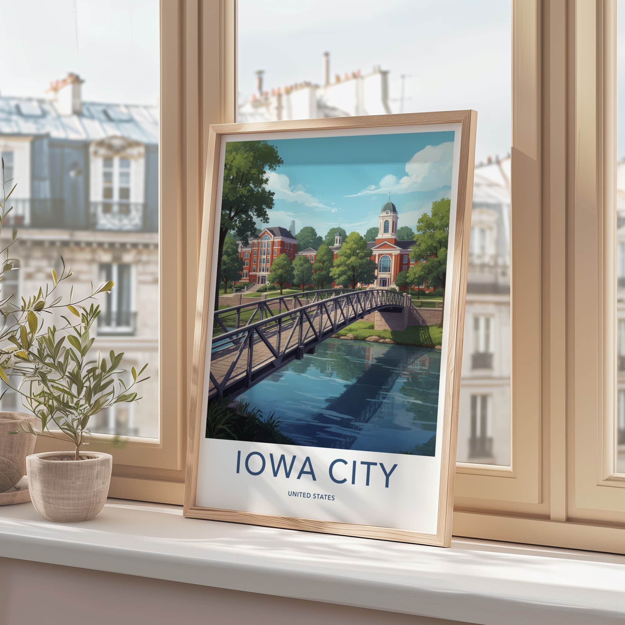 Iowa City Poster - Iowa Travel Print - Campus River View Framed Decor