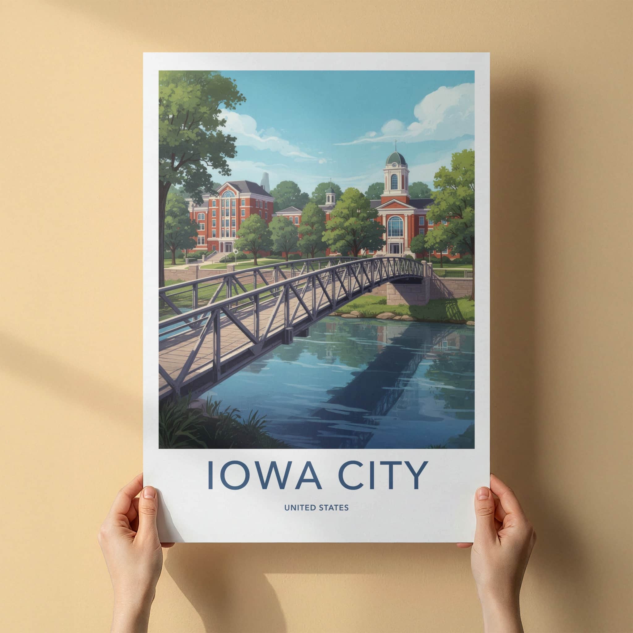 Iowa City Poster - Iowa Travel Print - Campus River View Framed Decor