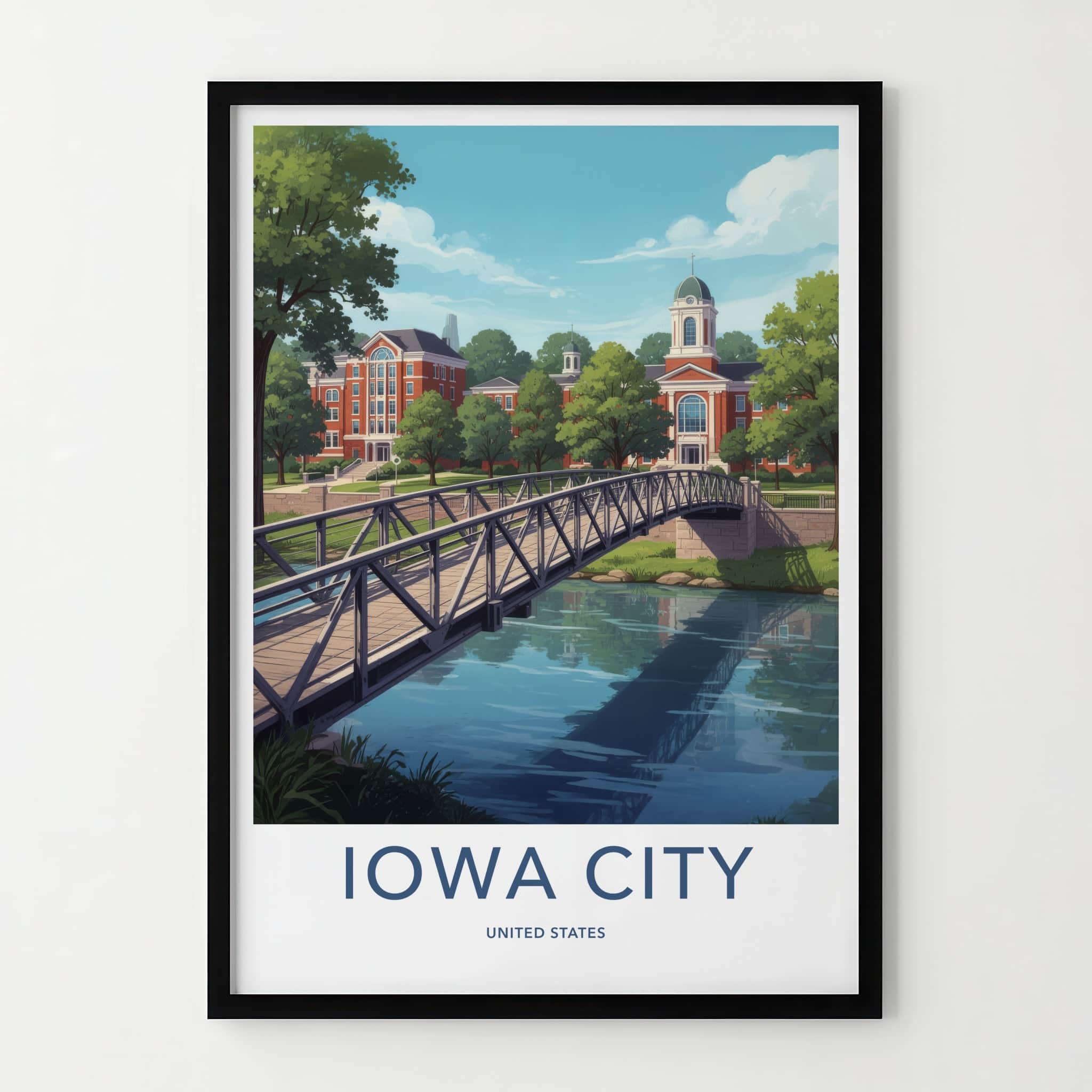 Iowa City Poster - Iowa Travel Print - Campus River View Framed Decor