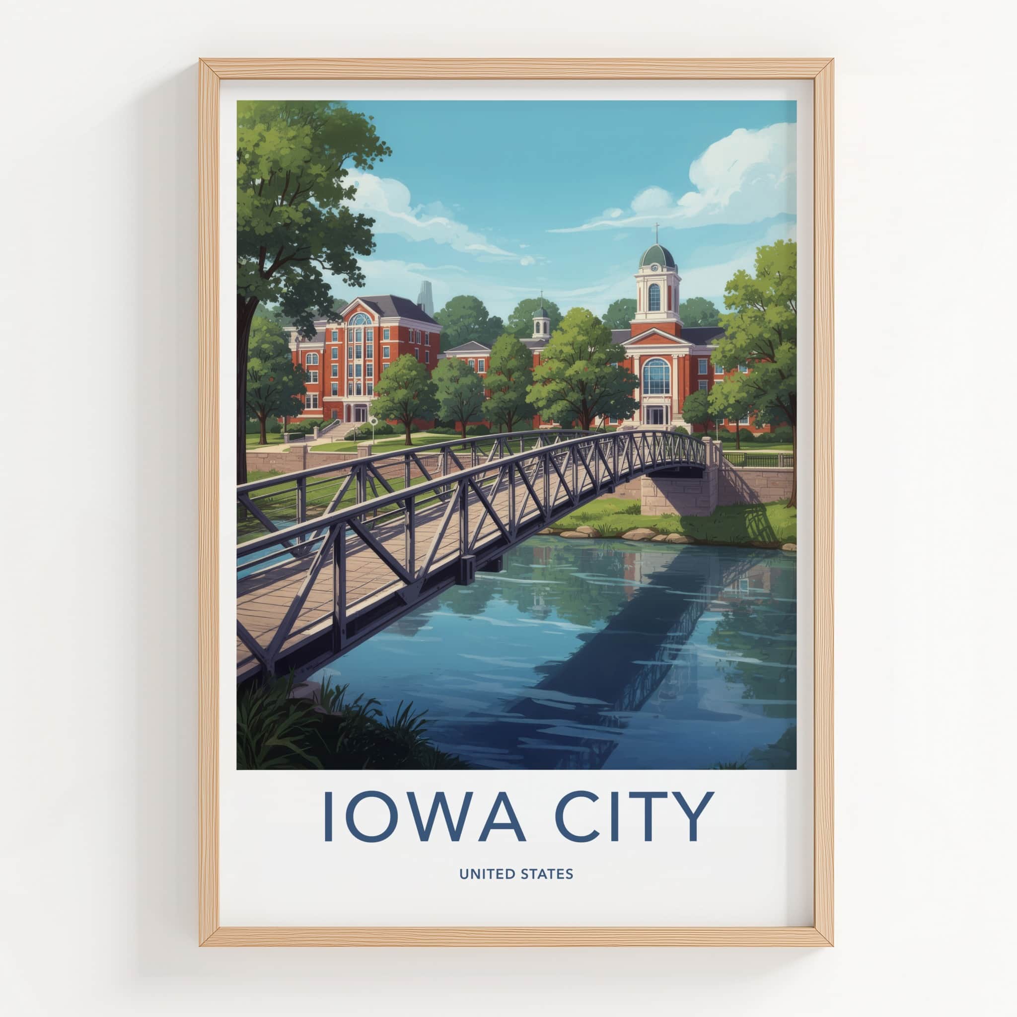 Iowa City Poster - Iowa Travel Print - Campus River View Framed Decor
