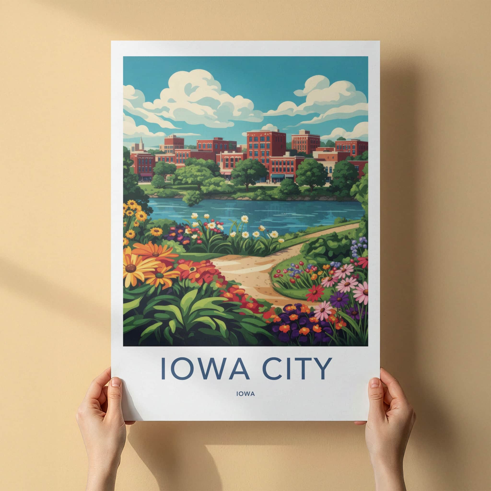 Iowa City Poster - Iowa Wall Art - Colorful Riverfront Town Home Decor
