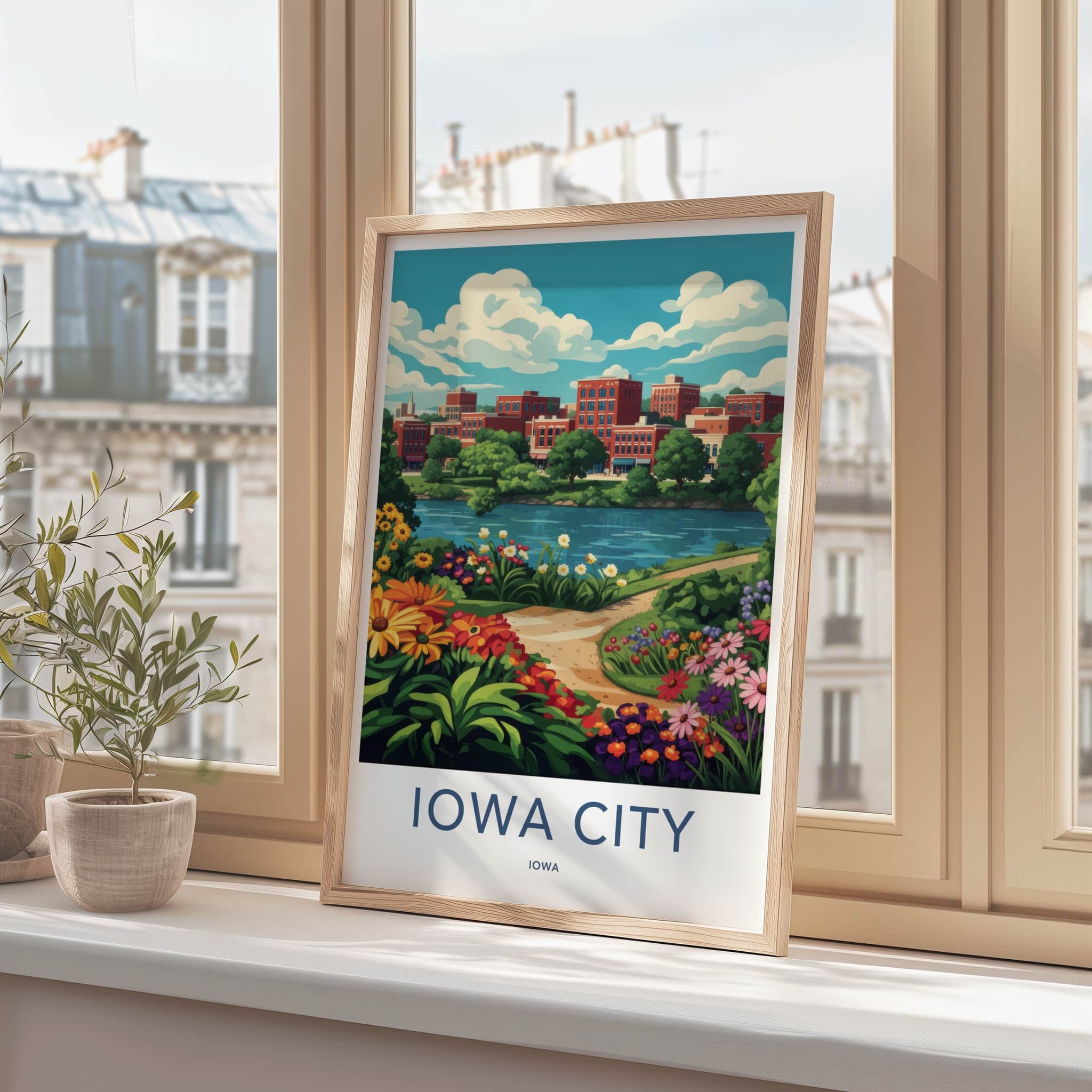 Iowa City Poster - Iowa Wall Art - Colorful Riverfront Town Home Decor