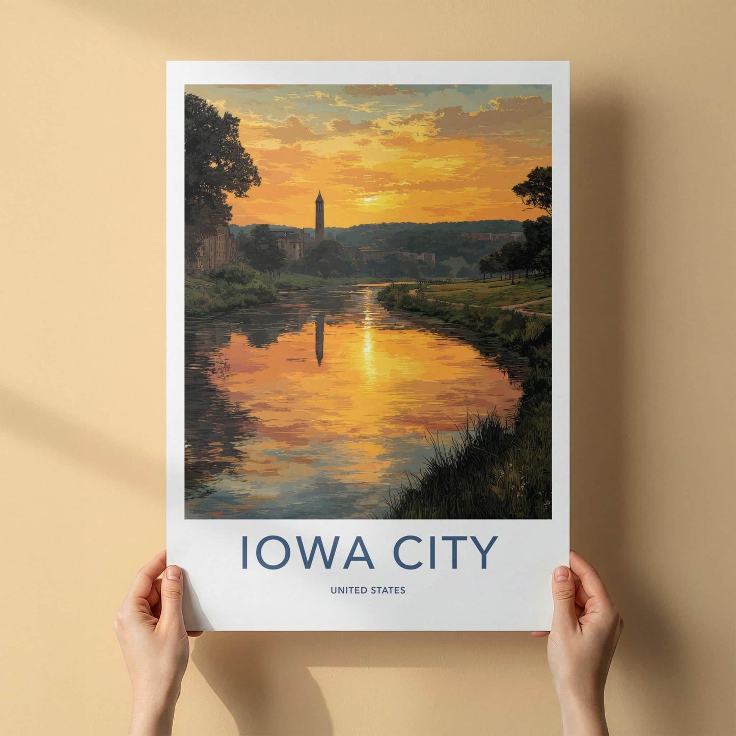 Iowa City Poster - Iowa Wall Art - Golden River Sunset Home Decor