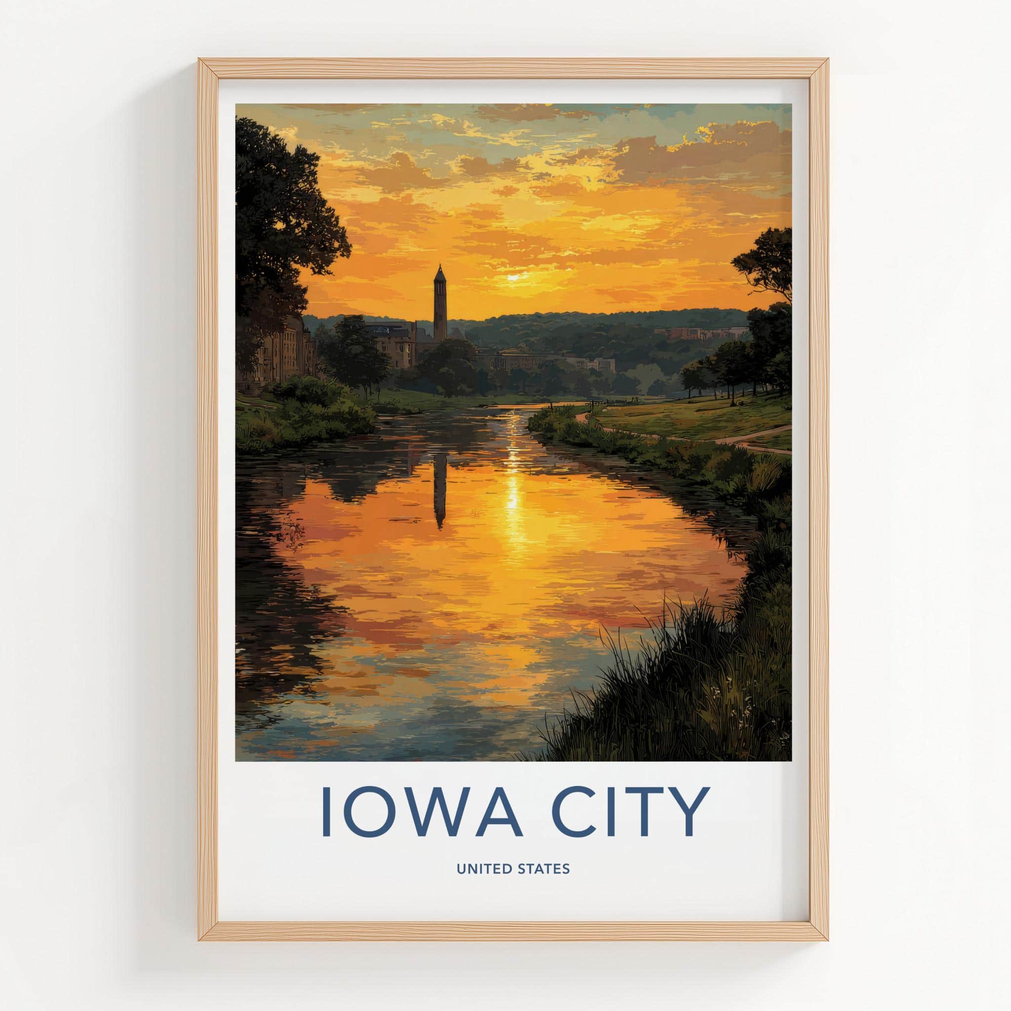 Iowa City Poster - Iowa Wall Art - Golden River Sunset Home Decor