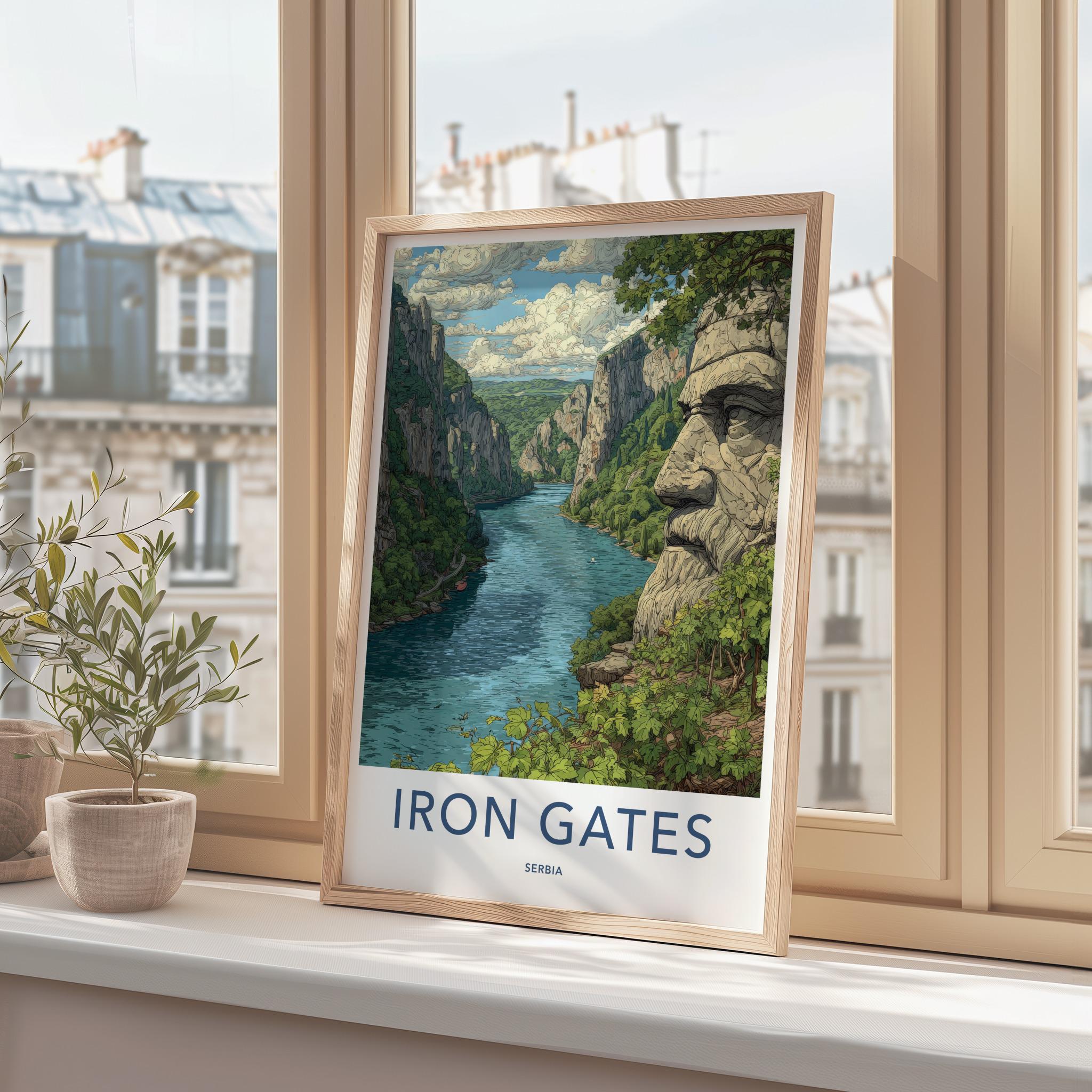 Iron Gates Poster - Serbia Travel Art - Carved Stone Face Home Decor