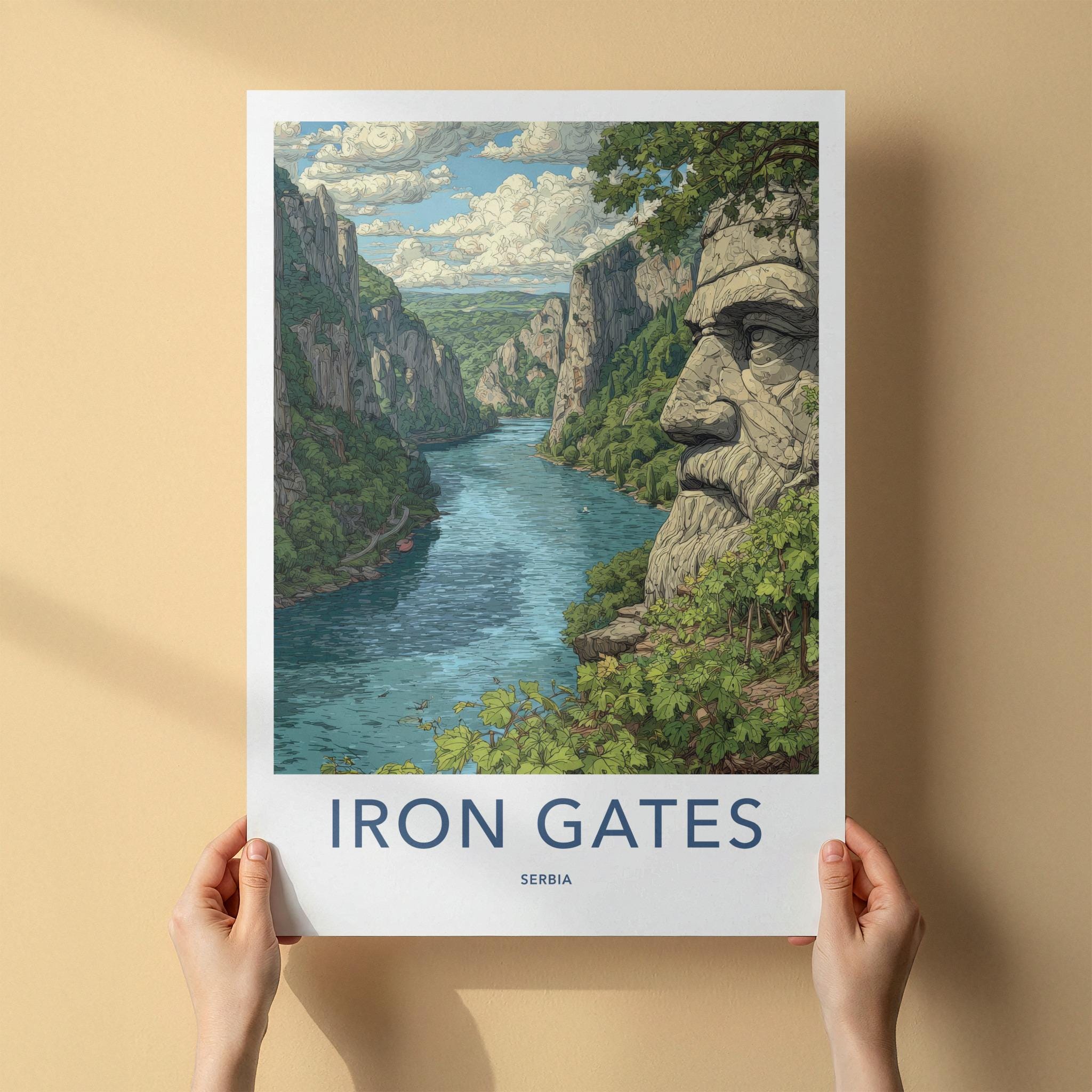 Iron Gates Poster - Serbia Travel Art - Carved Stone Face Home Decor