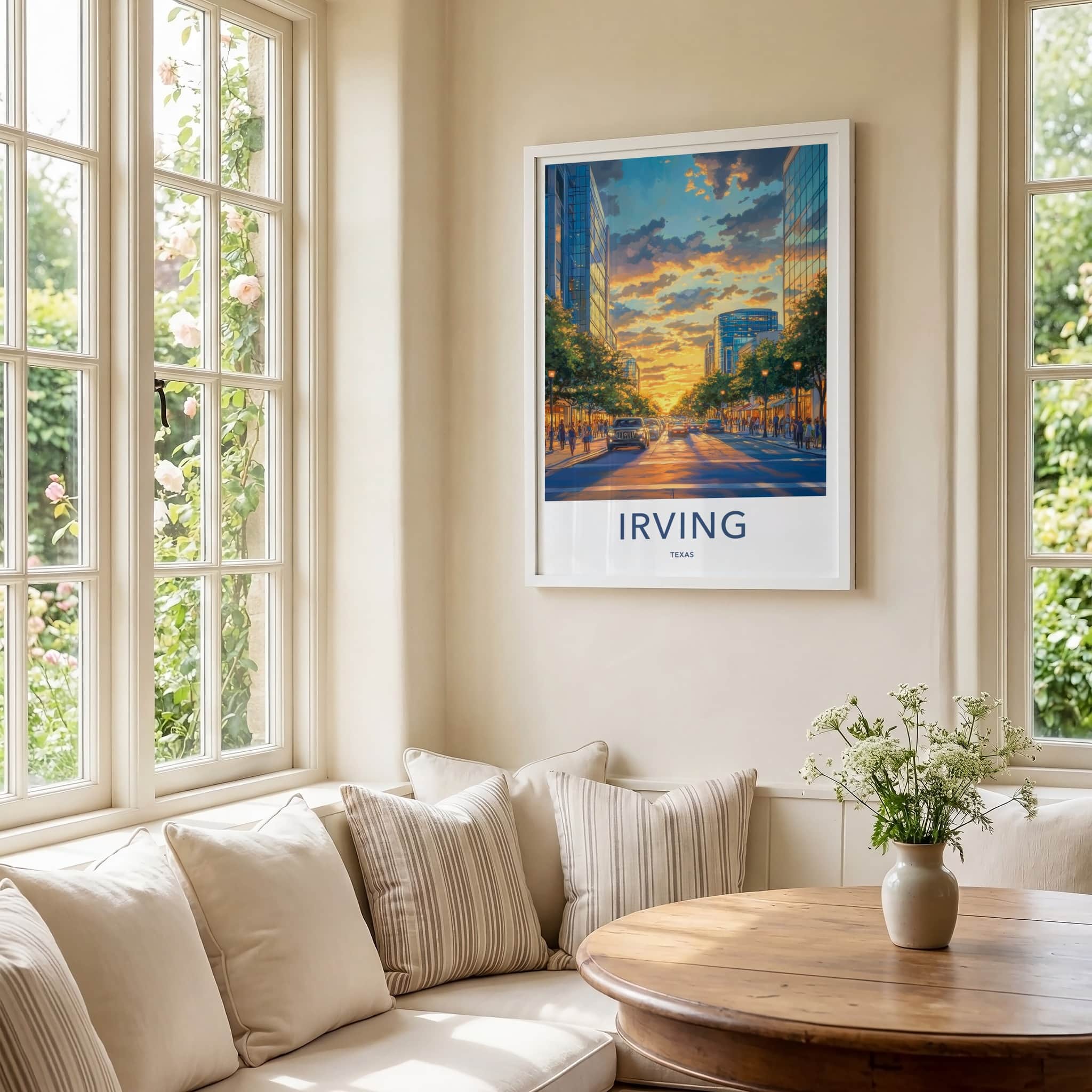 Irving Poster - Texas Travel Print - Golden Hour City Framed Decor