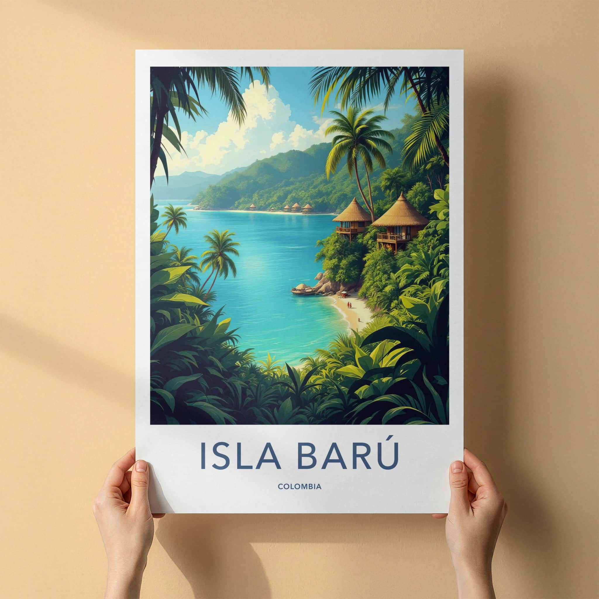 Isla Baru Poster - Colombia Travel Art - Tropical Huts Beach Home Decor