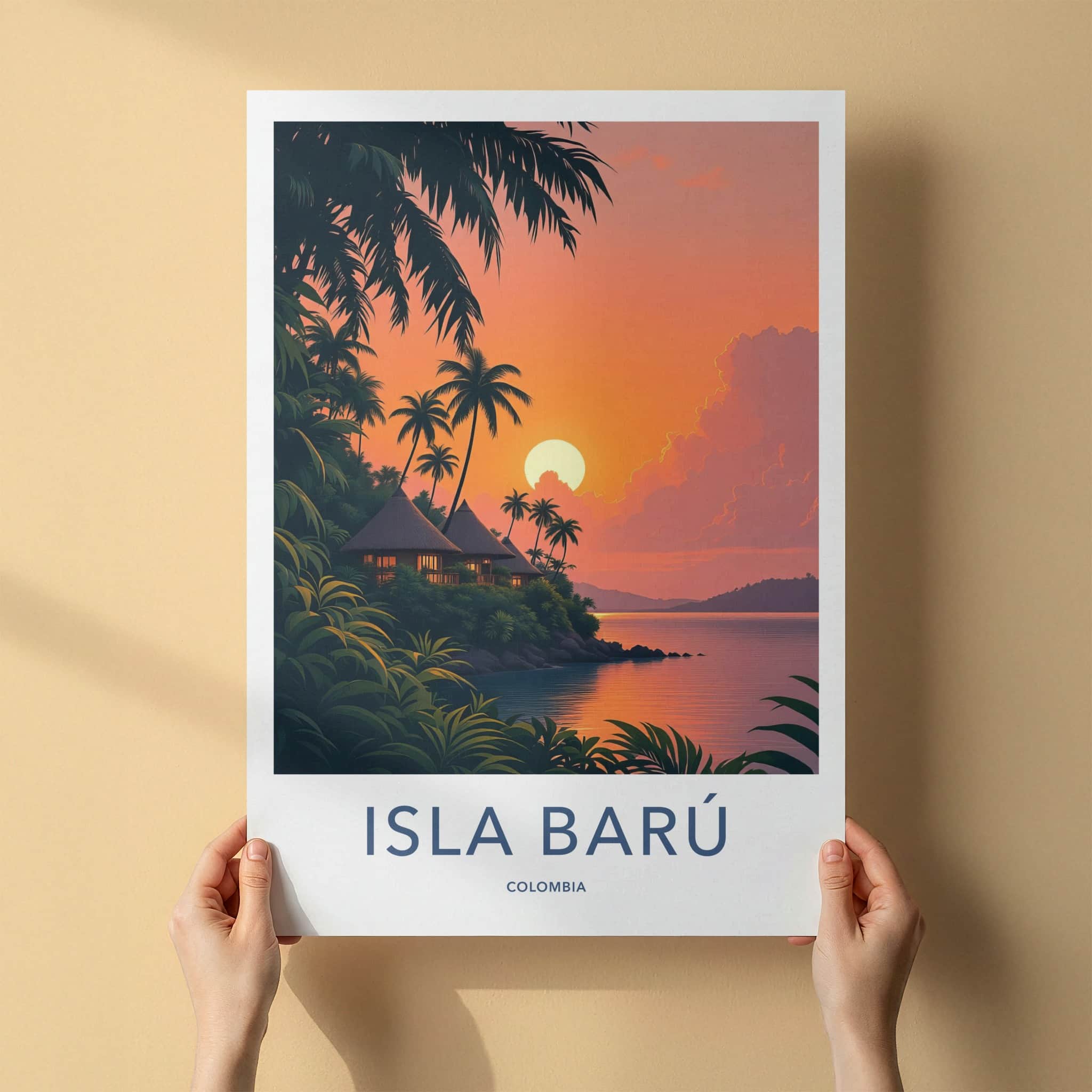 Isla Baru Poster - Colombia Travel Art - Tropical Sunset Bungalows Home Decor