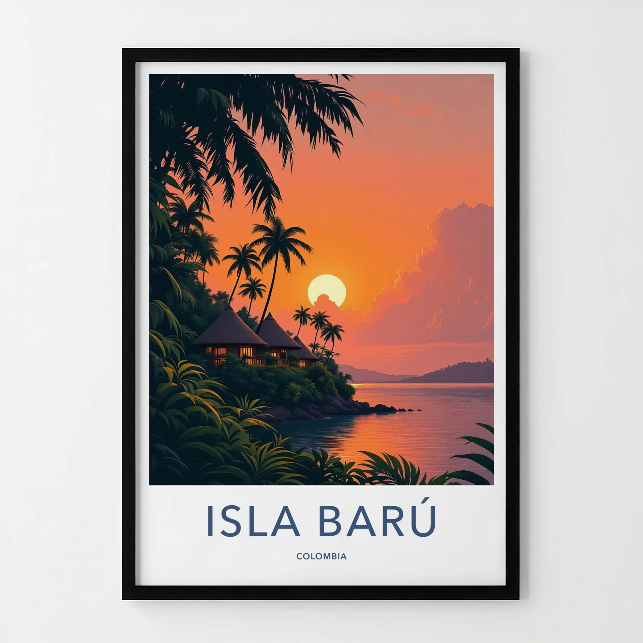 Isla Baru Poster - Colombia Travel Art - Tropical Sunset Bungalows Home Decor