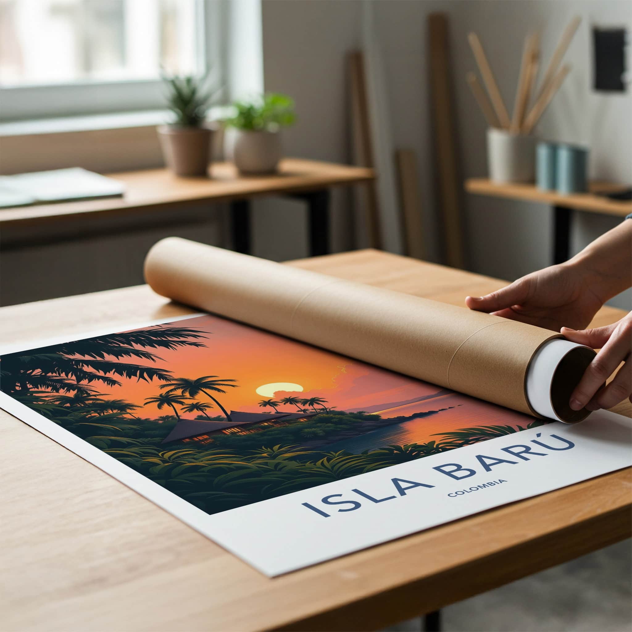 Isla Baru Poster - Colombia Travel Art - Tropical Sunset Bungalows Home Decor