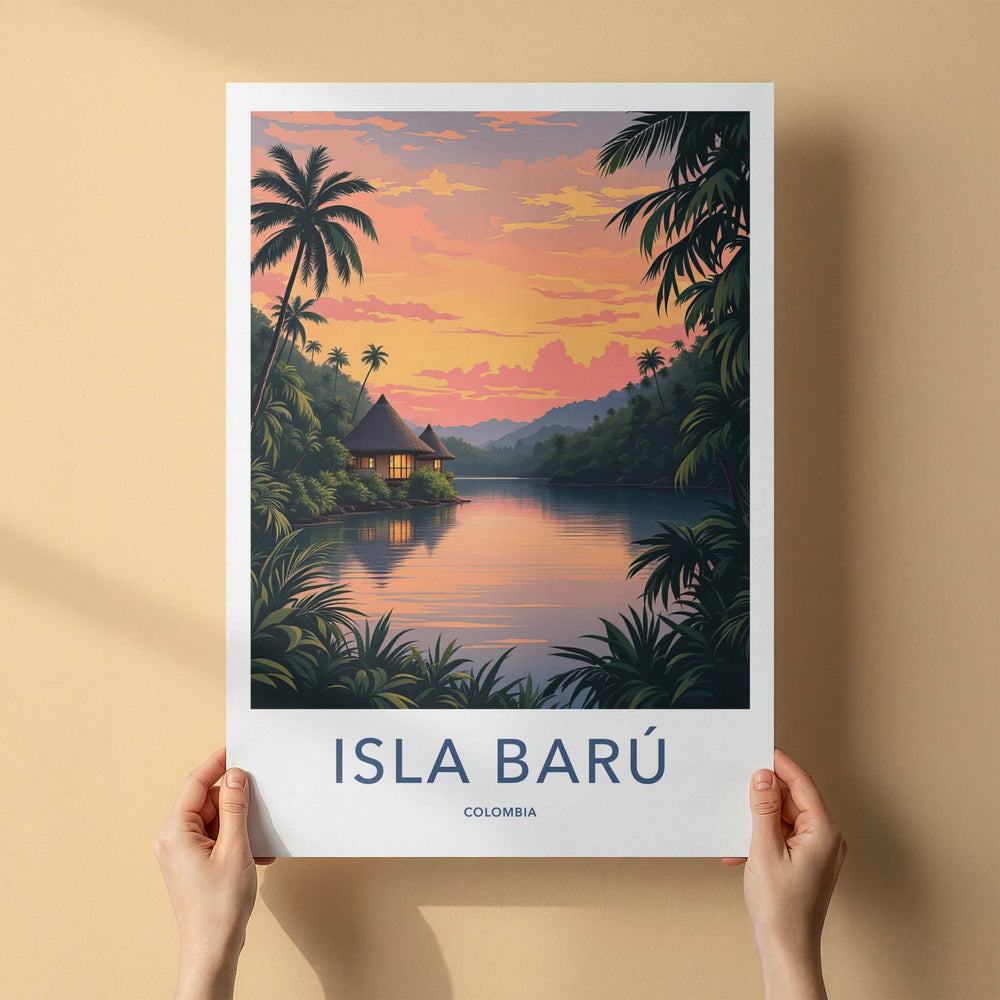 Isla Baru Poster - Colombia Travel Art - Tropical Sunset Hut Home Decor