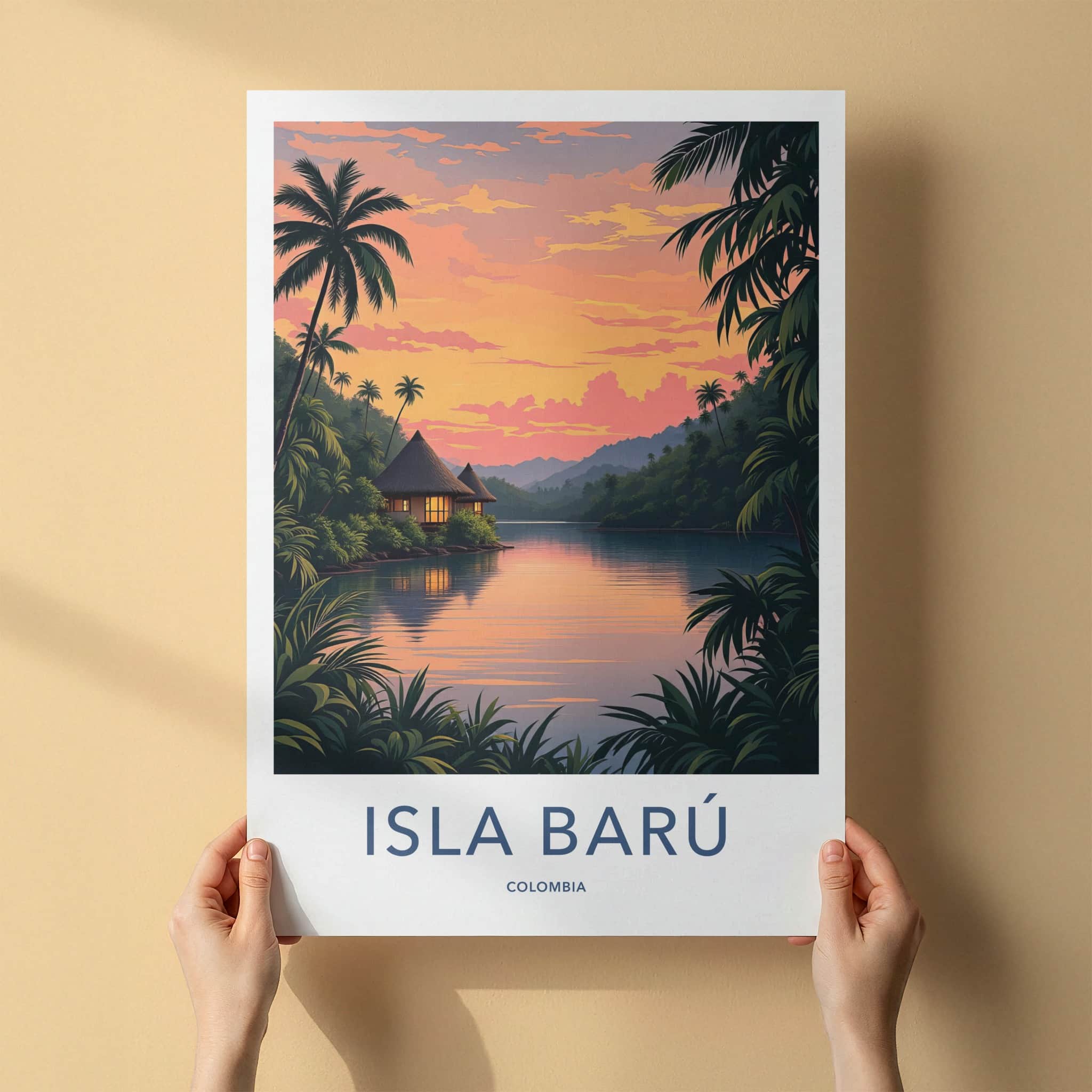 Isla Baru Poster - Colombia Travel Art - Tropical Sunset Hut Home Decor
