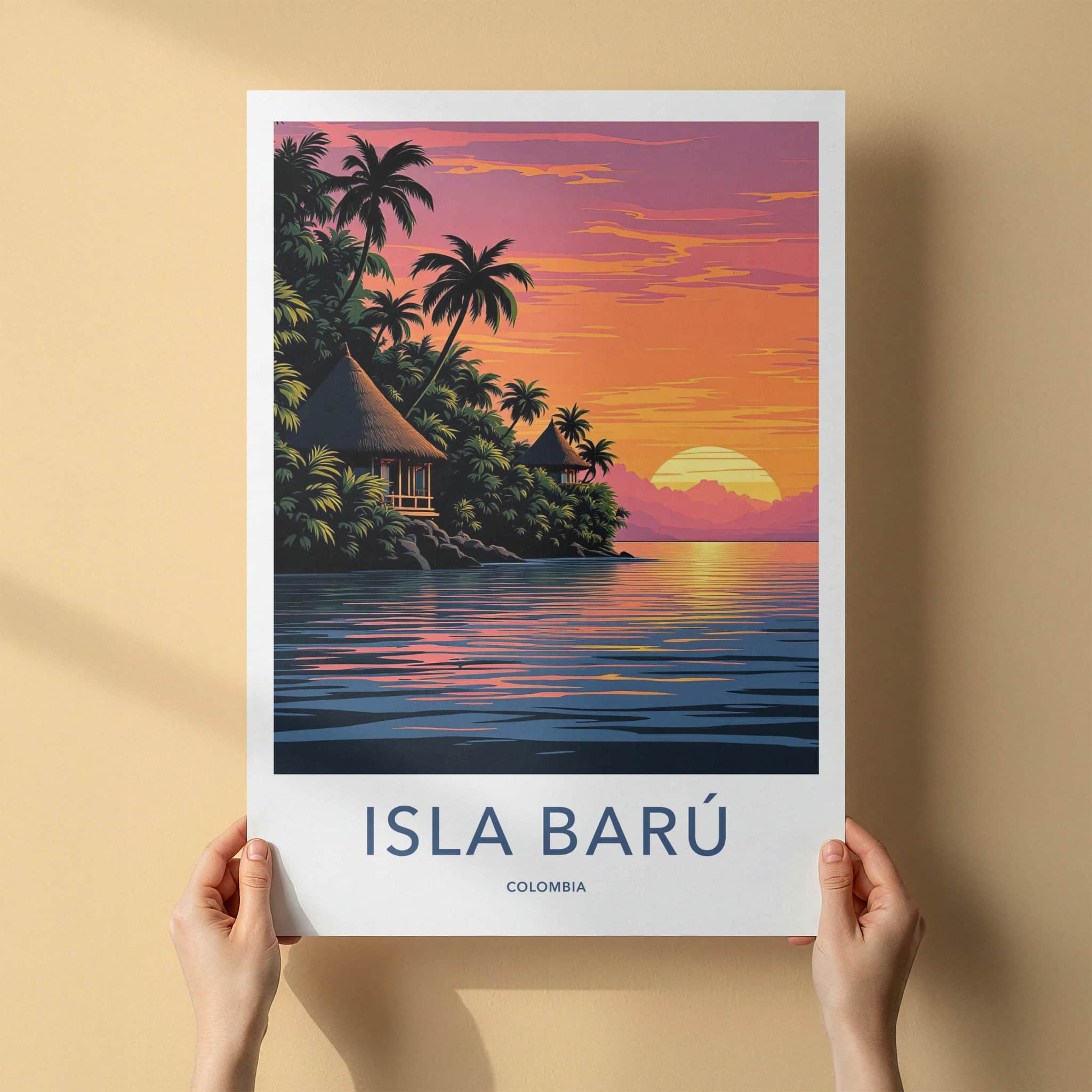 Isla Baru Poster - Colombia Travel Art - Tropical Sunset Huts Home Decor