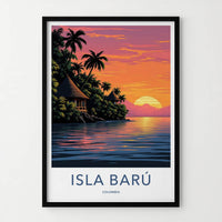 Isla Baru Poster - Colombia Travel Art - Tropical Sunset Huts Home Decor