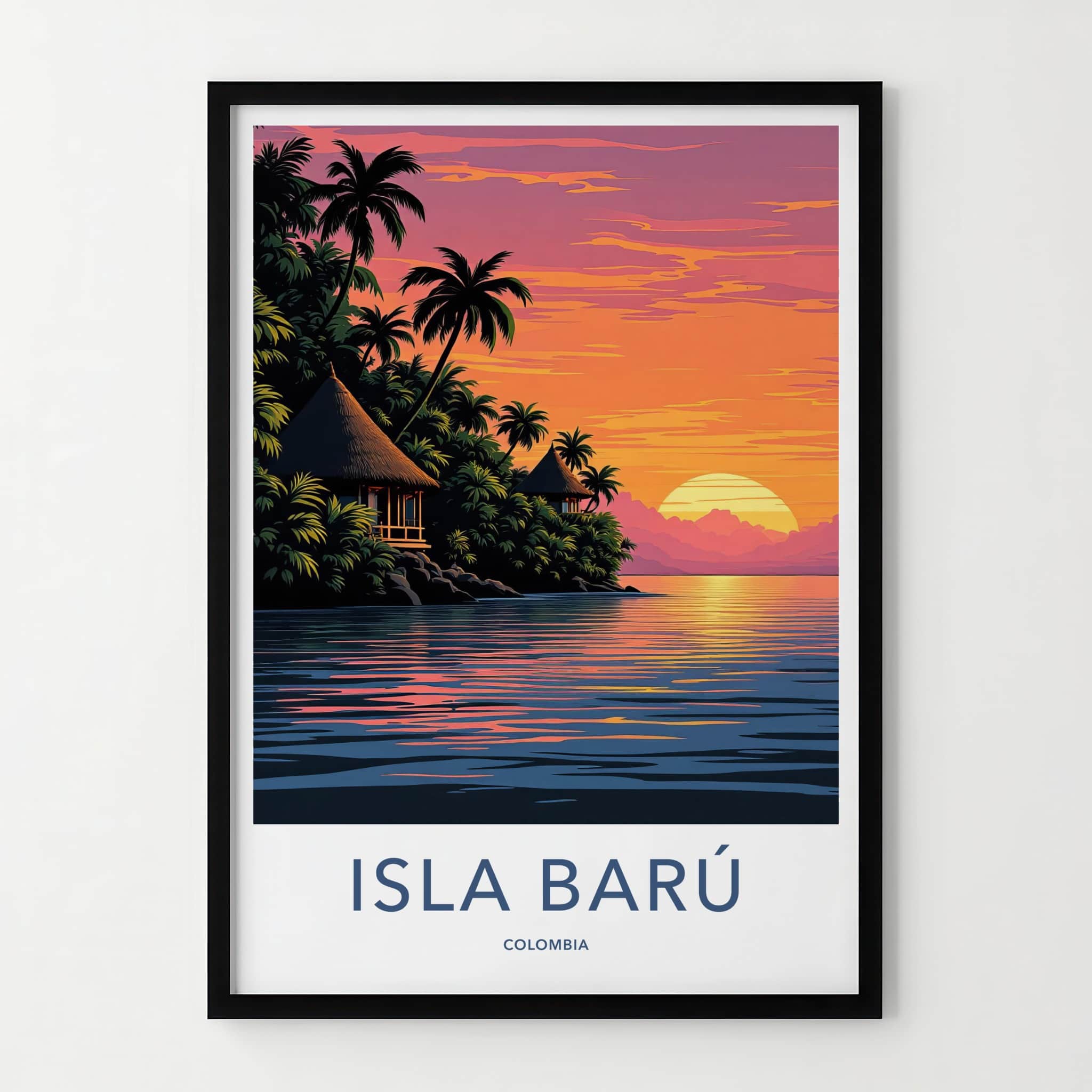 Isla Baru Poster - Colombia Travel Art - Tropical Sunset Huts Home Decor