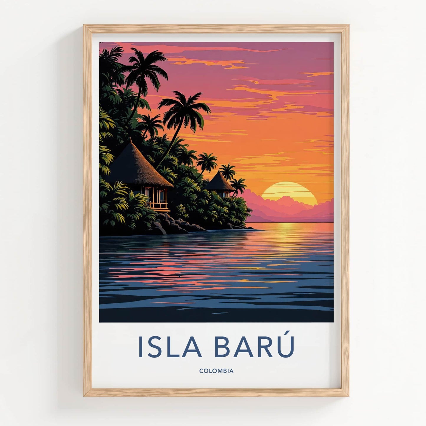 Isla Baru Poster - Colombia Travel Art - Tropical Sunset Huts Home Decor