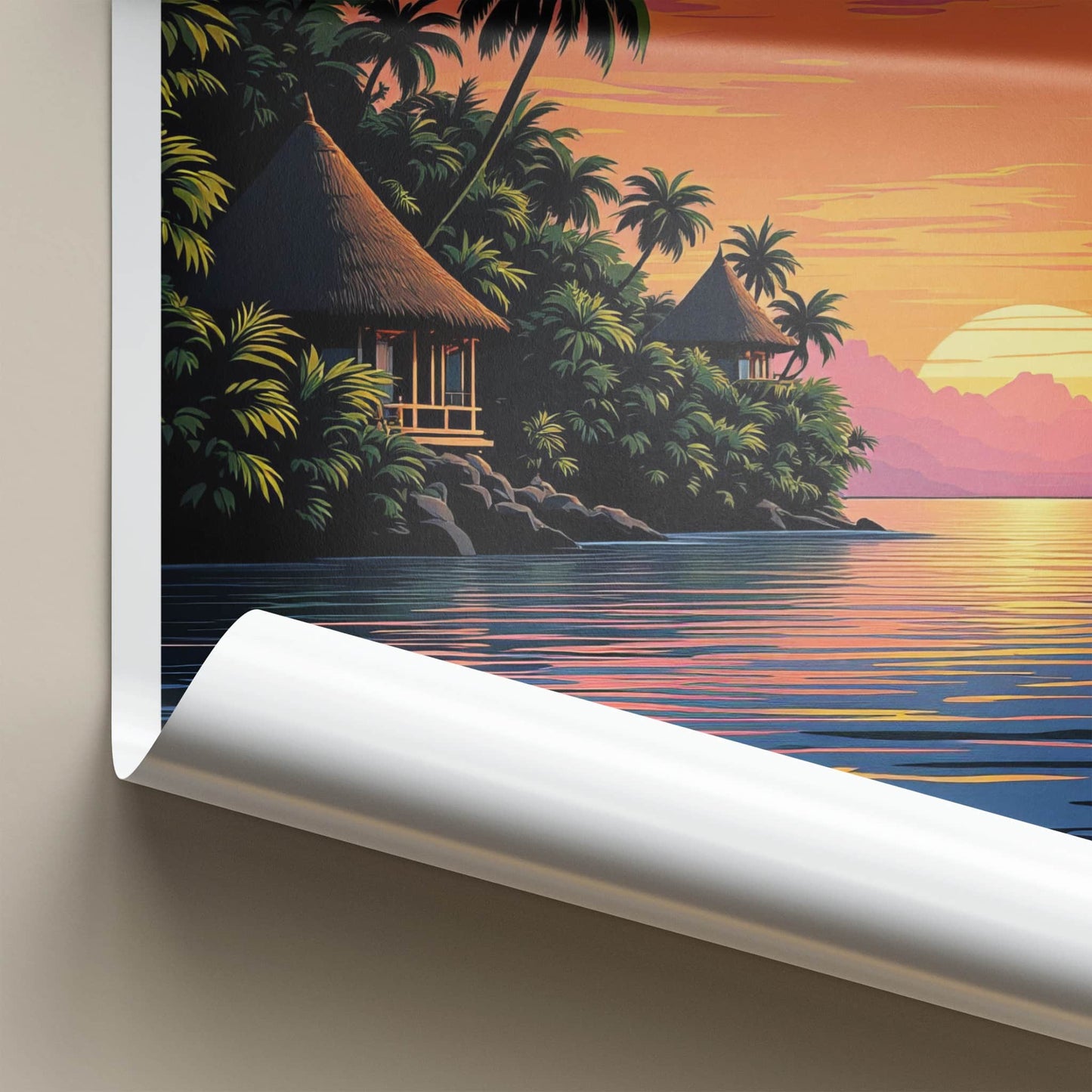 Isla Baru Poster - Colombia Travel Art - Tropical Sunset Huts Home Decor