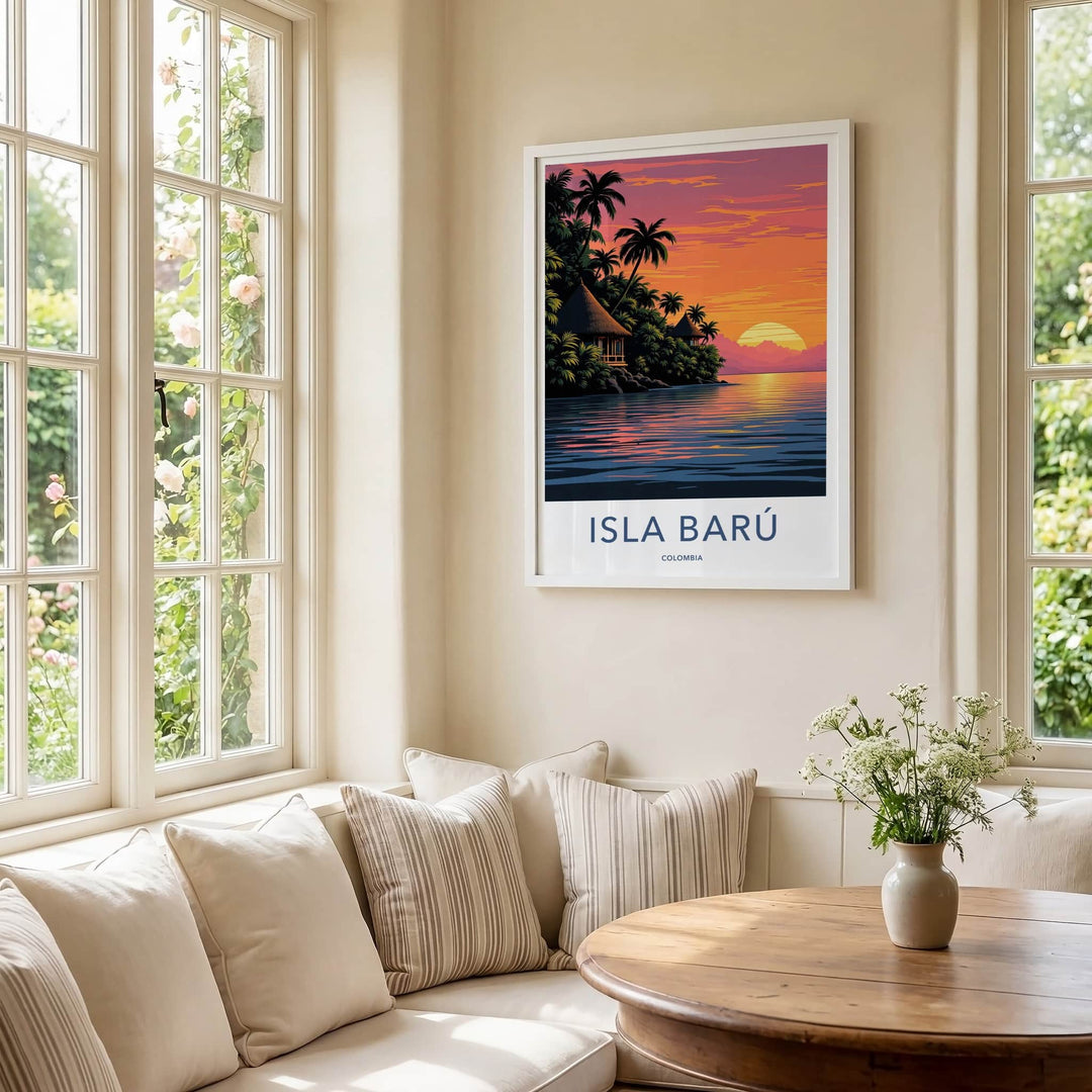 Isla Baru Poster - Colombia Travel Art - Tropical Sunset Huts Home Decor