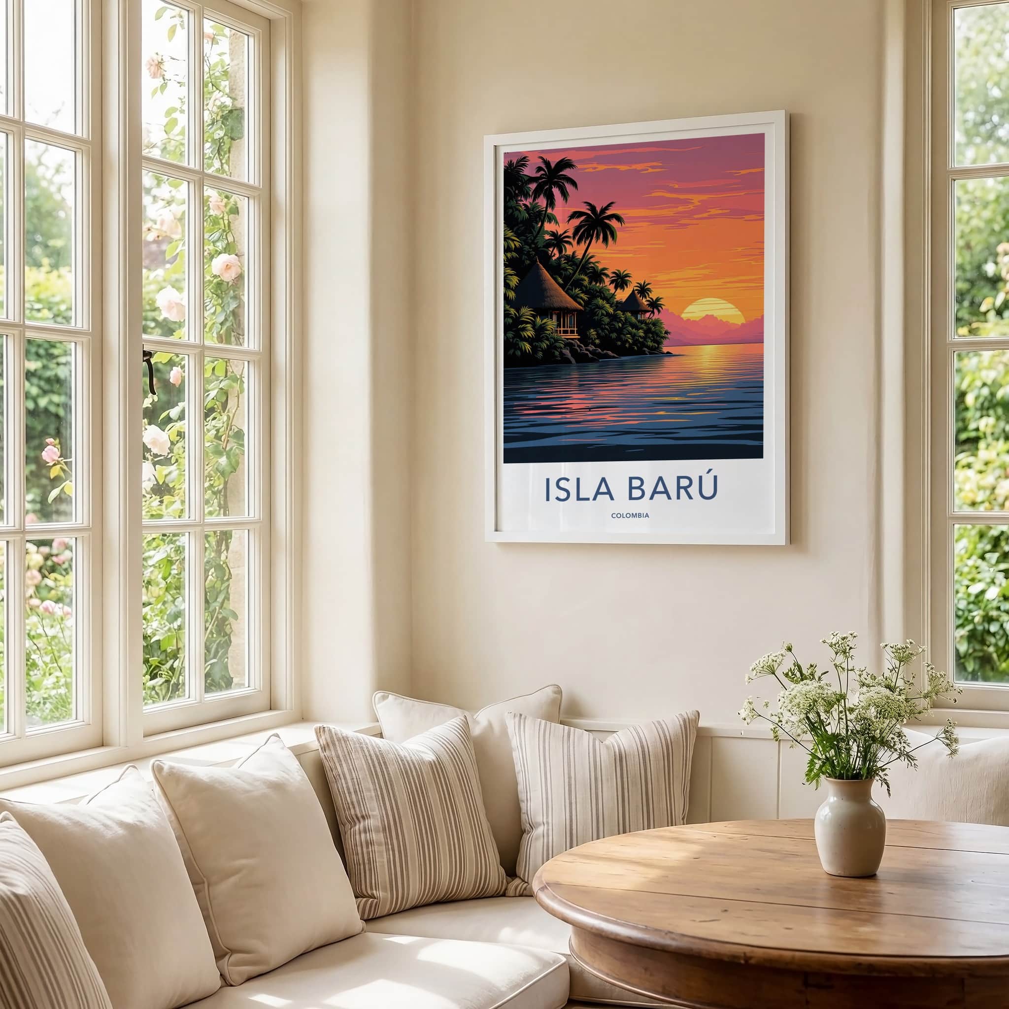 Isla Baru Poster - Colombia Travel Art - Tropical Sunset Huts Home Decor