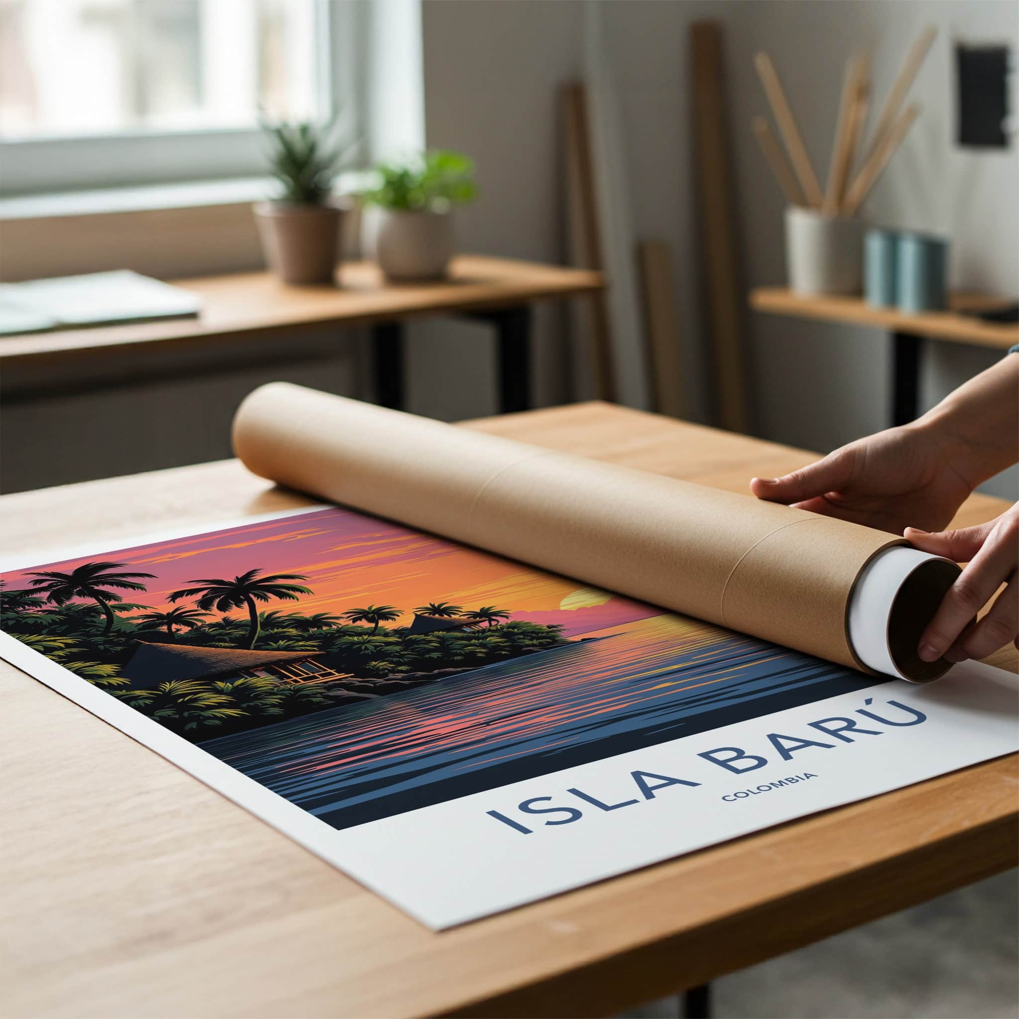 Isla Baru Poster - Colombia Travel Art - Tropical Sunset Huts Home Decor