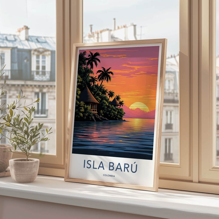 Isla Baru Poster - Colombia Travel Art - Tropical Sunset Huts Home Decor