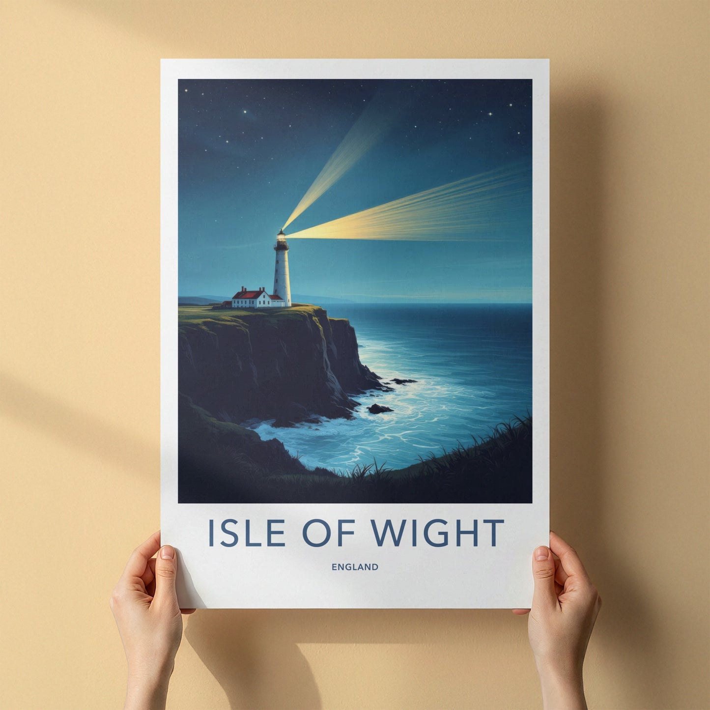 Isle of Wight Poster - England Travel Art - Cliffside Lighthouse Beams Wall Decor