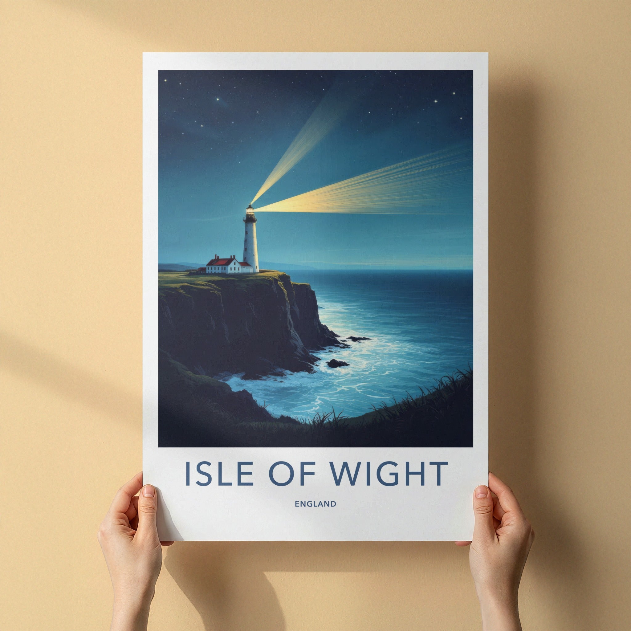 Isle of Wight Poster - England Travel Art - Cliffside Lighthouse Beams Wall Decor