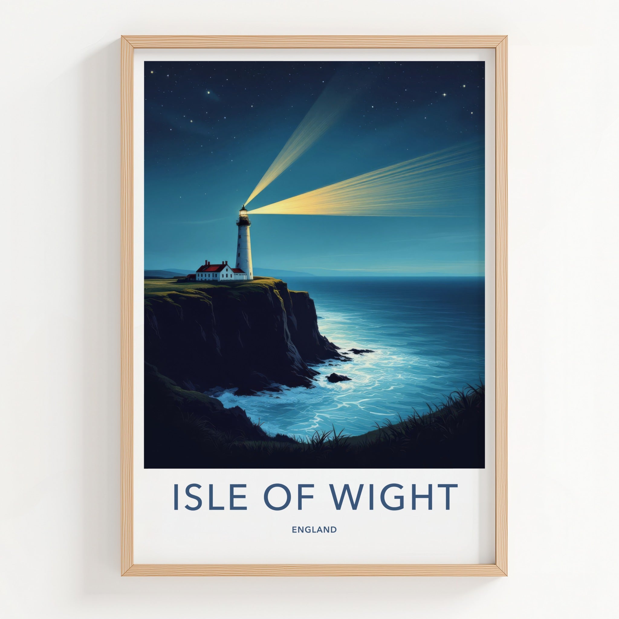 Isle of Wight Poster - England Travel Art - Cliffside Lighthouse Beams Wall Decor