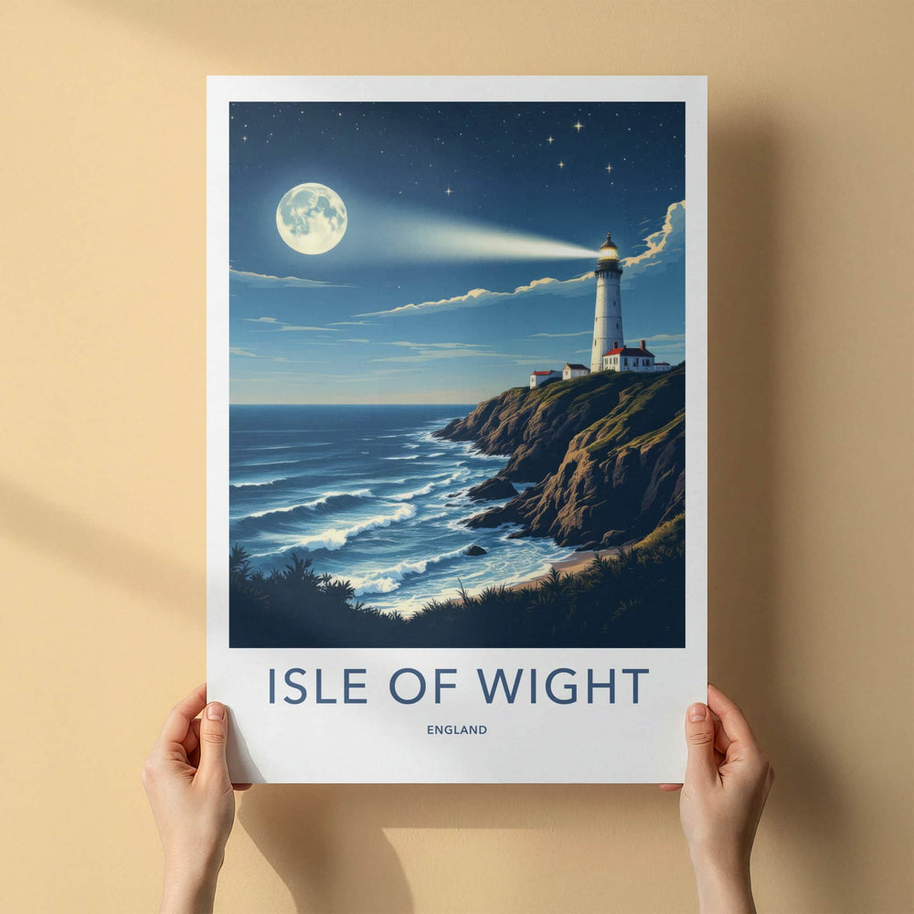 Isle Of Wight Poster - England Travel Art - Lighthouse Moonlit Coast Wall Decor