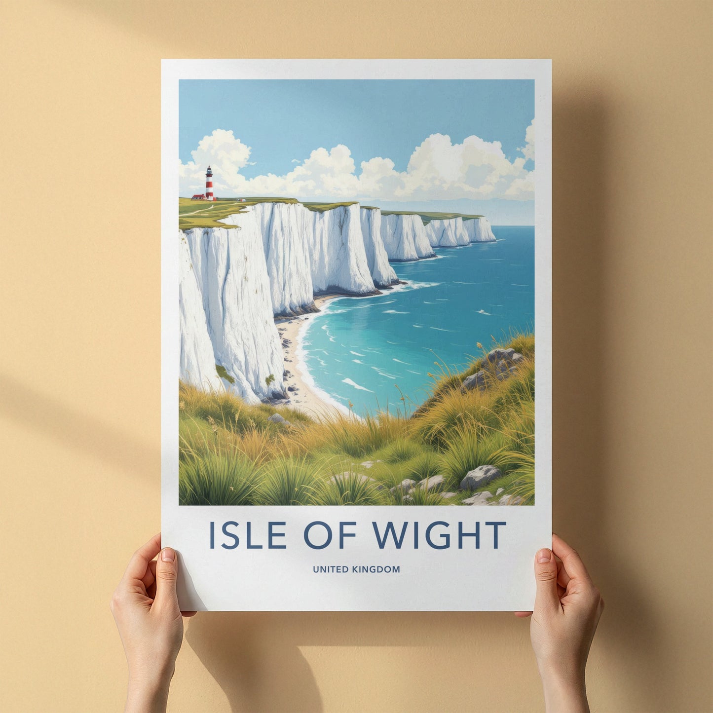 Isle Of Wight Poster - United Kingdom Travel Art - Cliffs Lighthouse Scene Wall Decor