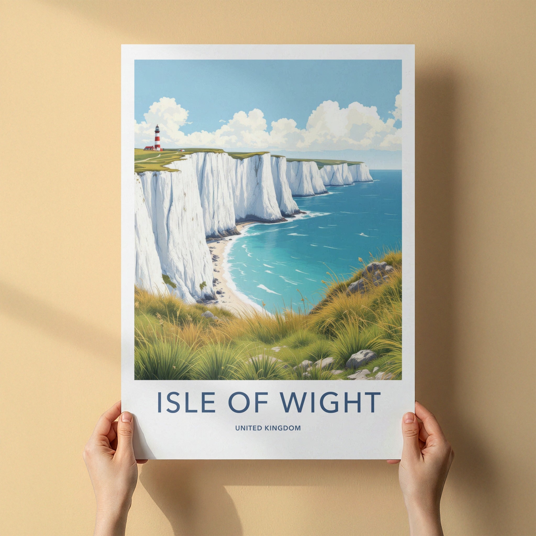 Isle Of Wight Poster - United Kingdom Travel Art - Cliffs Lighthouse Scene Wall Decor
