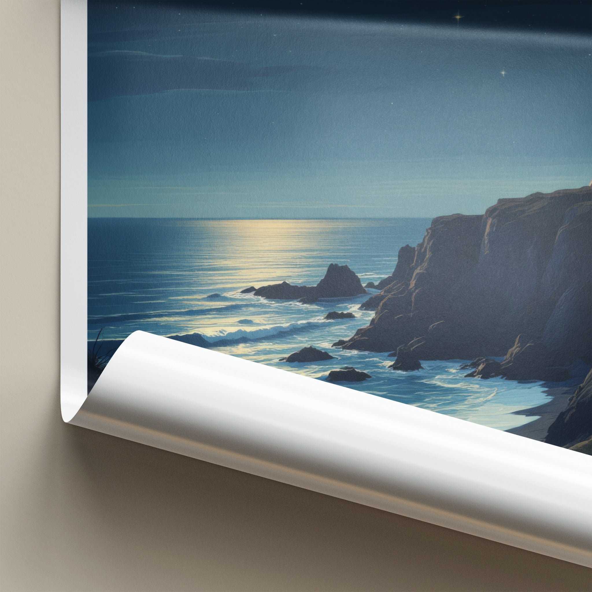 Isle of Wight Poster - United Kingdom Travel Art - Moonlit Lighthouse Cliffs Home Decor