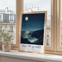 Isle of Wight Poster - United Kingdom Travel Art - Moonlit Lighthouse Cliffs Home Decor