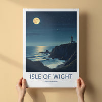 Isle of Wight Poster - United Kingdom Travel Art - Moonlit Lighthouse Cliffs Home Decor
