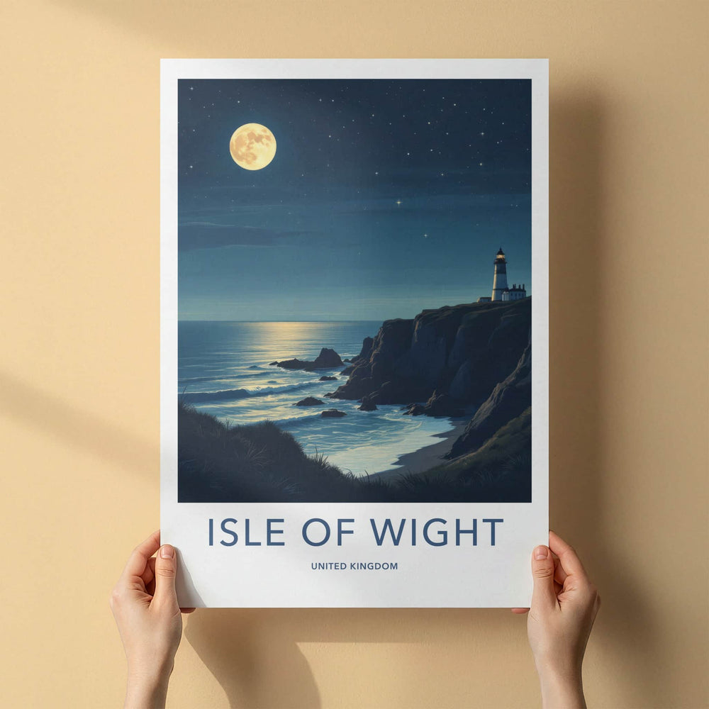 Isle of Wight Poster - United Kingdom Travel Art - Moonlit Lighthouse Cliffs Home Decor