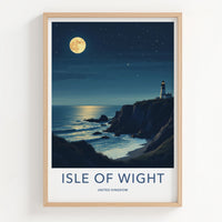 Isle of Wight Poster - United Kingdom Travel Art - Moonlit Lighthouse Cliffs Home Decor