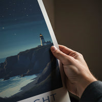 Isle of Wight Poster - United Kingdom Travel Art - Moonlit Lighthouse Cliffs Home Decor