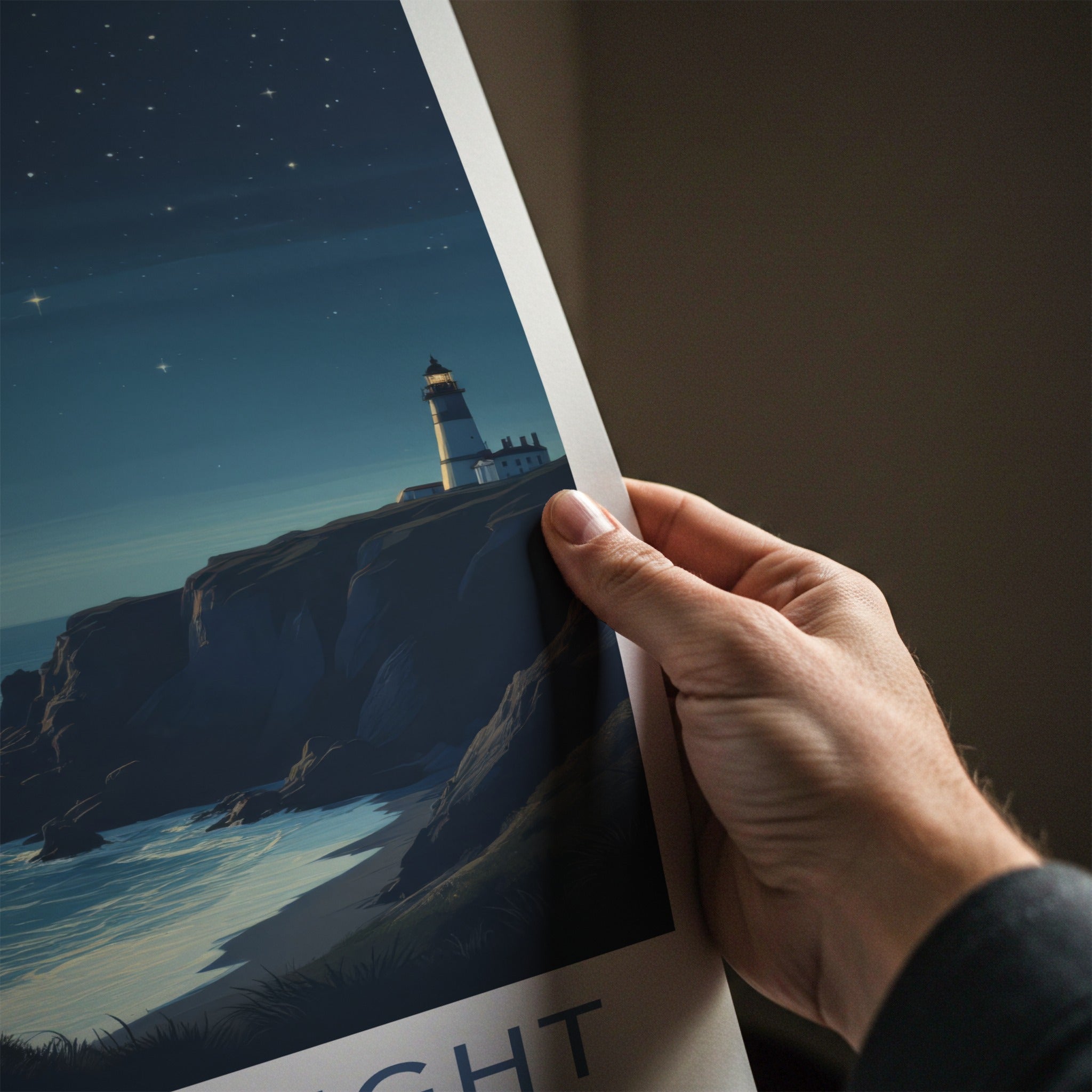 Isle of Wight Poster - United Kingdom Travel Art - Moonlit Lighthouse Cliffs Home Decor